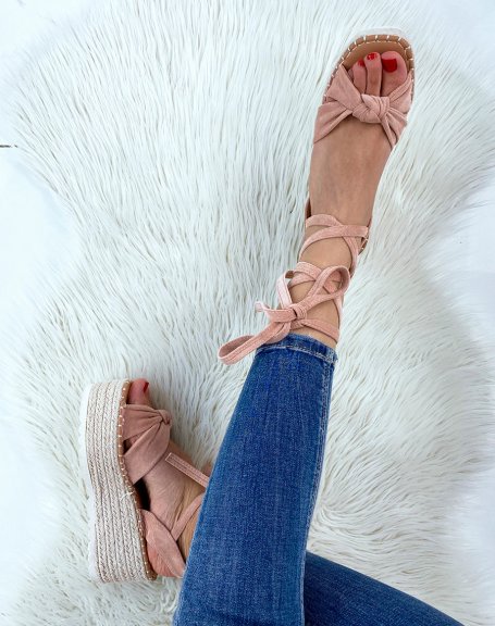 Powder pink suedette lace-up wedge sandals