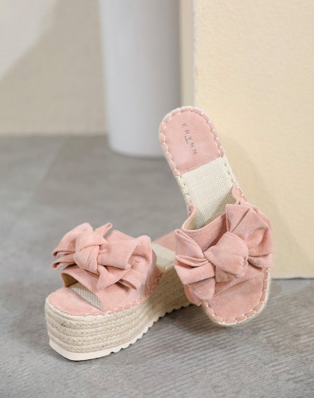Powder pink wedge mules with bow
