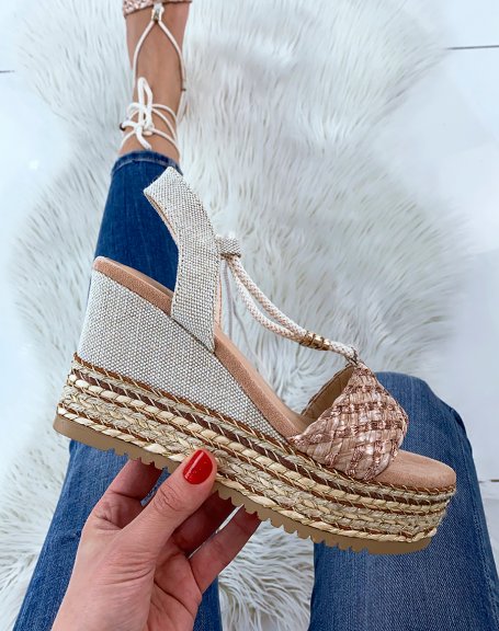 Powder pink wedges with rose gold and gold lace-up details