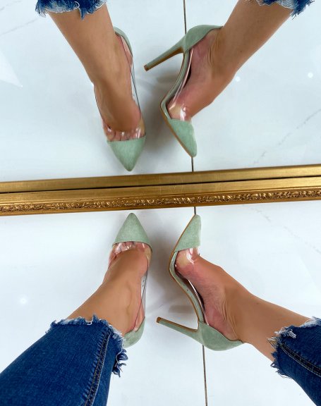 Pump with pastel green and transparent suede inserts
