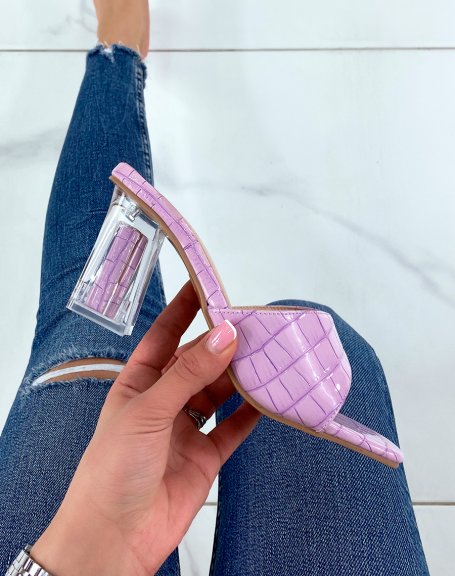 Purple croc-effect mules with transparent block heel