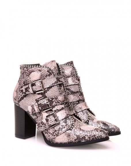 Python-effect heeled ankle boot with straps