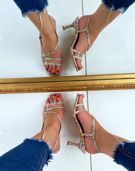Python-effect sandals with a small thin heel and crossed straps