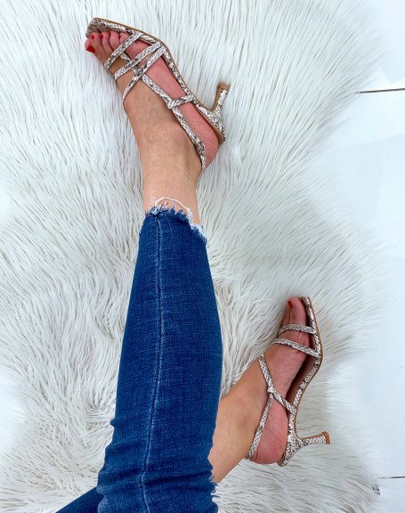Python-effect sandals with a small thin heel and crossed straps