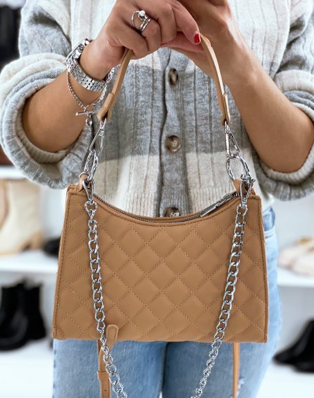 Quilted apricot beige handbag with silver chain