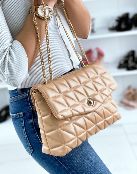 Quilted beige clutch with golden chains