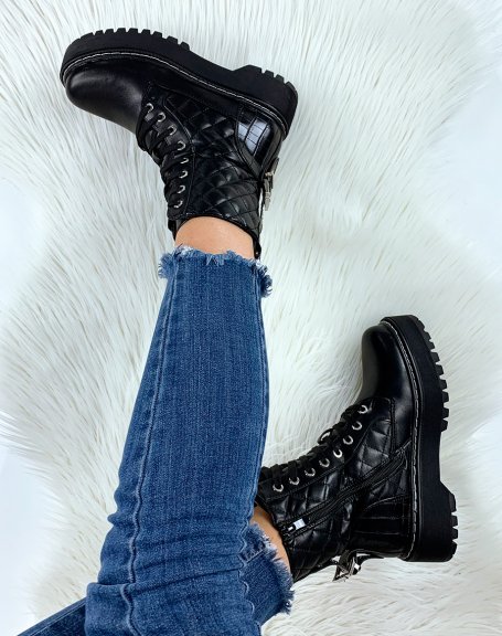 Quilted black chunky platform ankle boots