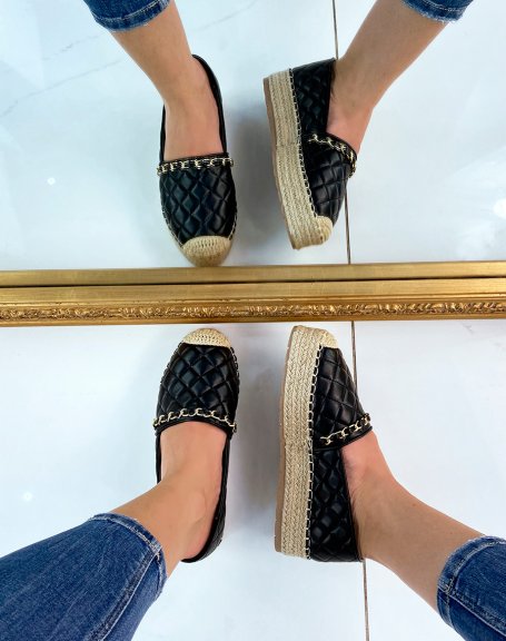Quilted black espadrilles with fine gold chain