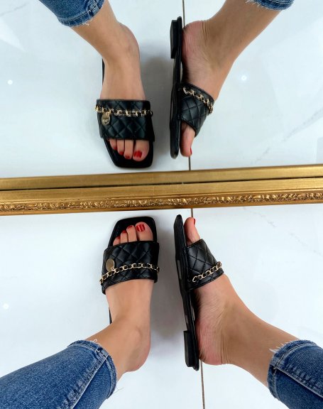 Quilted black flat mules with fine gold chain and square toe