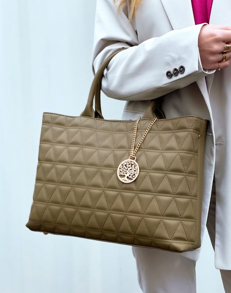 Quilted khaki green handbag with gold pendant