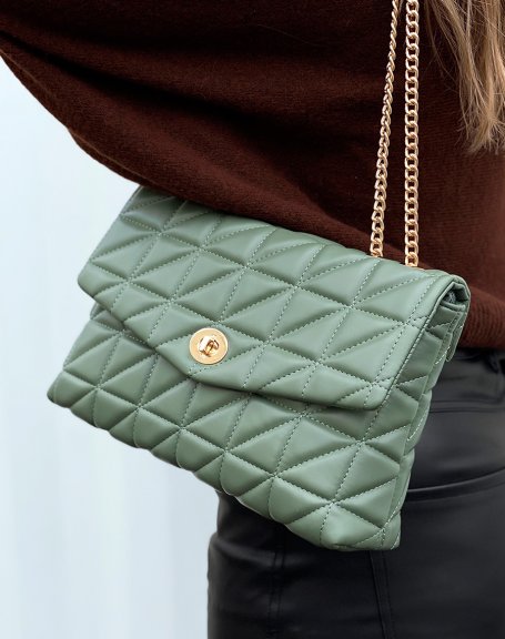 Quilted khaki green pouch with gold chains