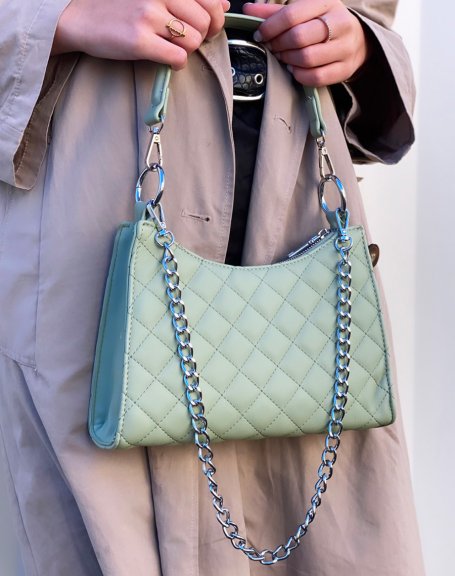 Quilted pastel green handbag with silver chain