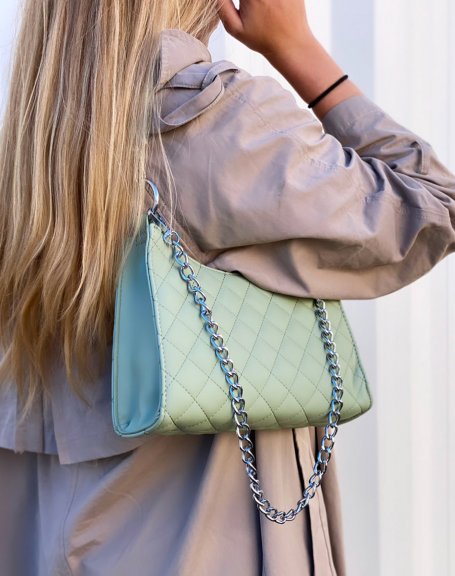 Quilted pastel green handbag with silver chain