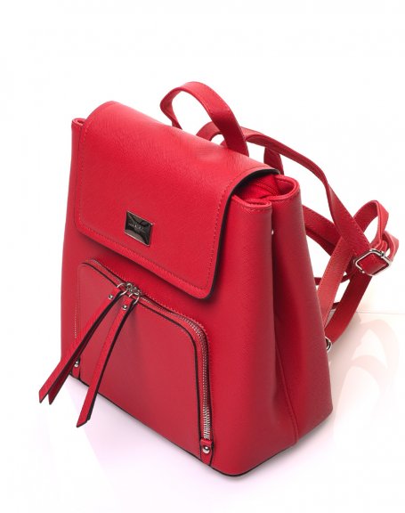 Red adjustable backpack with flap press studs