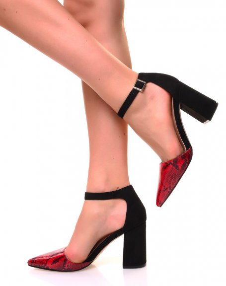 Red and black python-effect pointed toe pumps