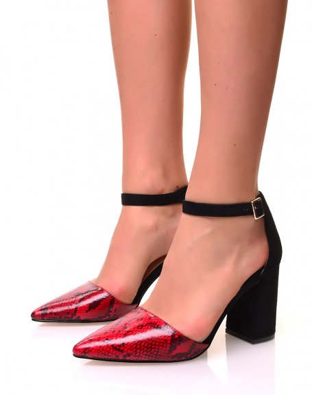 Red and black python-effect pointed toe pumps