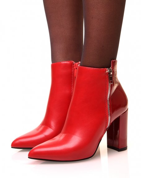 Red ankle boots with patent effect bi-material heels