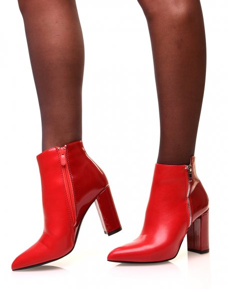 Red ankle boots with patent effect bi-material heels