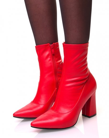 Red ankle boots with square heels and pointy sock-effect toes