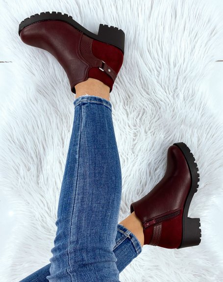 Red bi-material ankle boots with heel