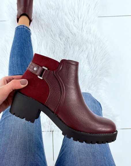 Red bi-material ankle boots with heel