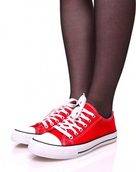 Red canvas sneakers with white laces and black trims