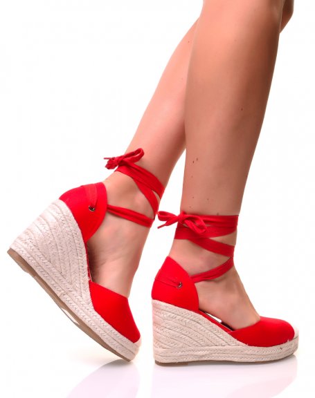 Red canvas wedge espadrilles with ribbons