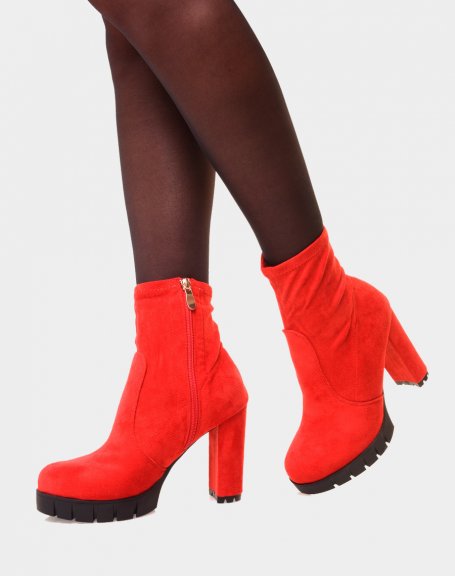 Red chunky platform suedette heeled ankle boots