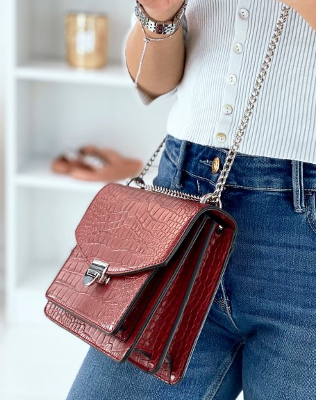 Red croc-effect bag with silver chain shoulder strap