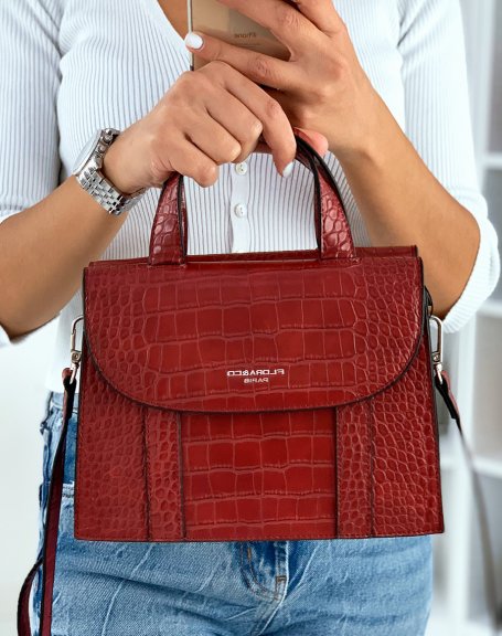 Red croc-effect double-opening trapeze handbag