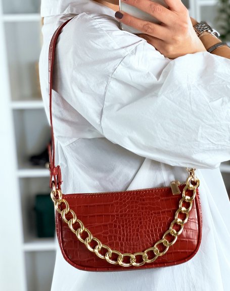 Red croc-effect handbag with golden chain