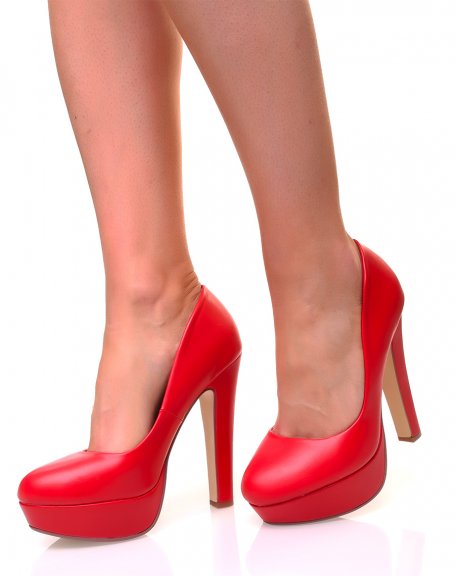 Red faux-leather pumps with square heels and chunky platforms