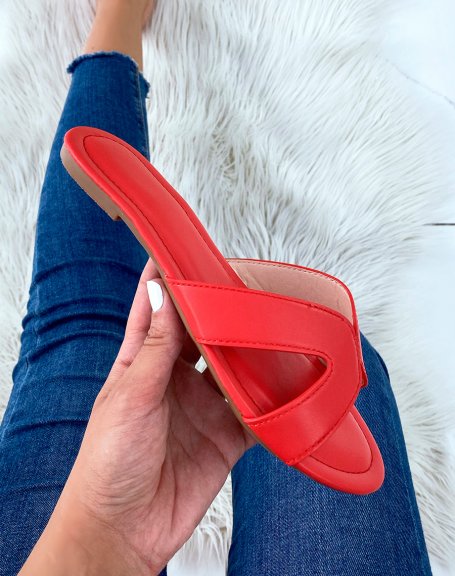Red flat mules with crossed straps