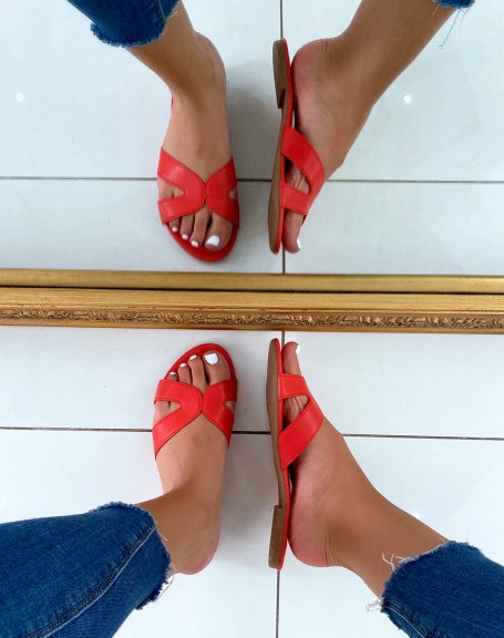 Red flat mules with crossed straps