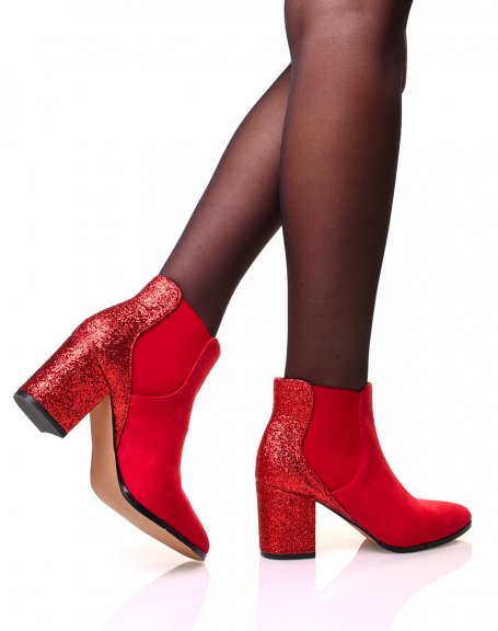 Red glittery suedette ankle boots at the back