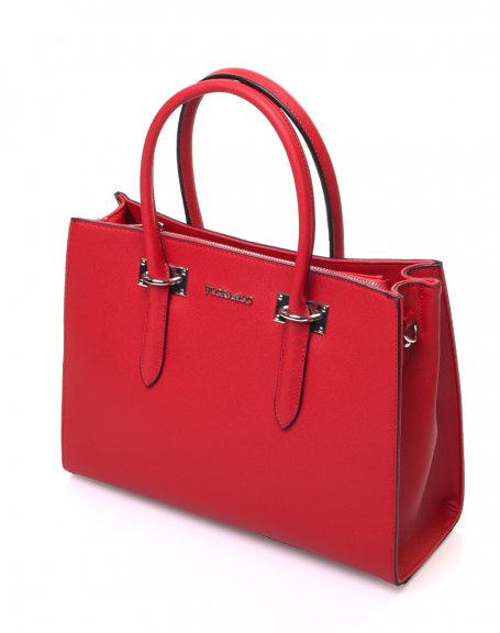 Red handbag with silver-colored plates and medium handles