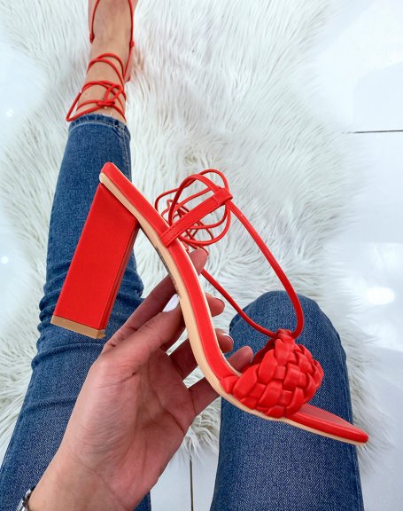 Red heeled sandals with braided strap and long straps