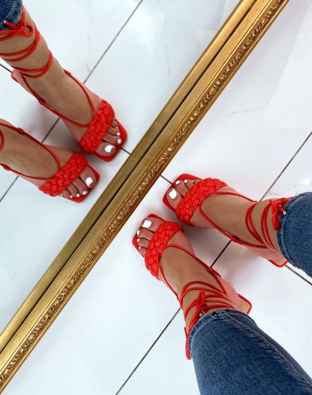 Red heeled sandals with braided strap and long straps