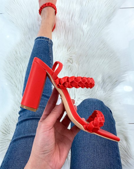 Red heeled sandals with multiple braided straps