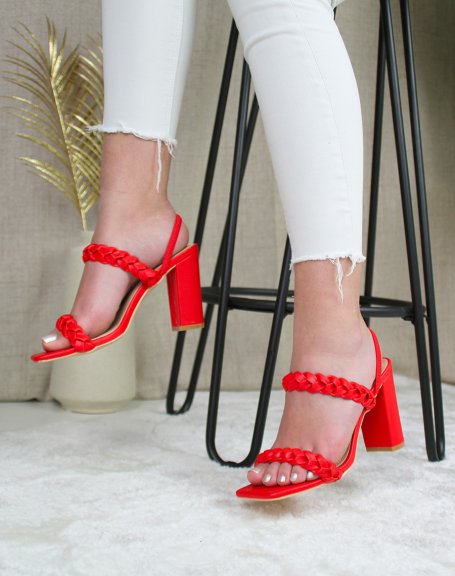 Red heeled sandals with multiple braided straps