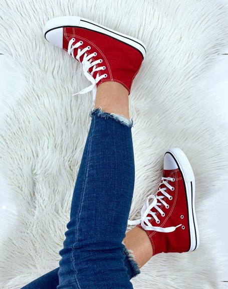 Red lace-up canvas high-top sneakers