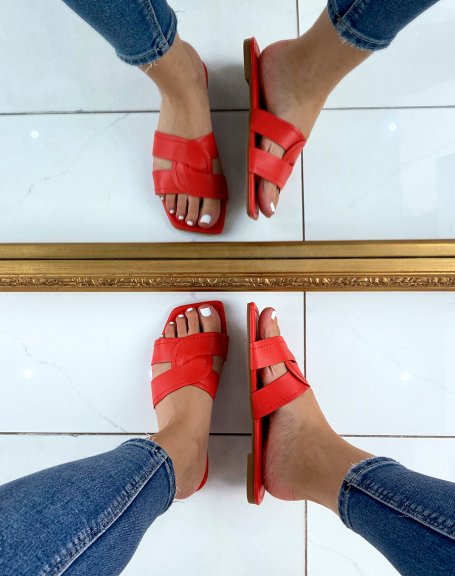Red mules with wide crisscross straps
