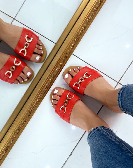 Red mules with wide strap and gold detail