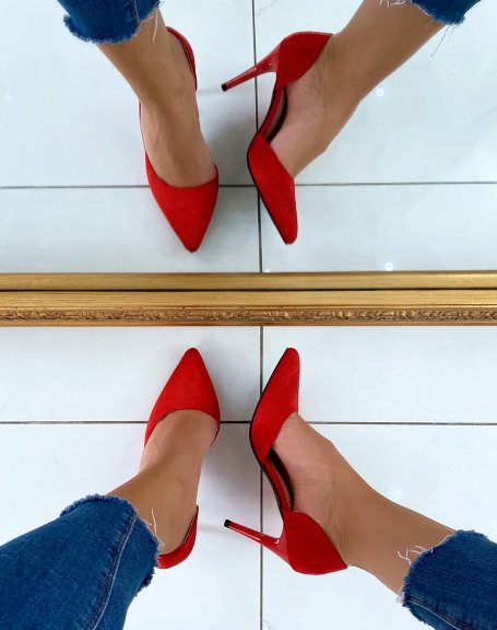Red open heel pumps
