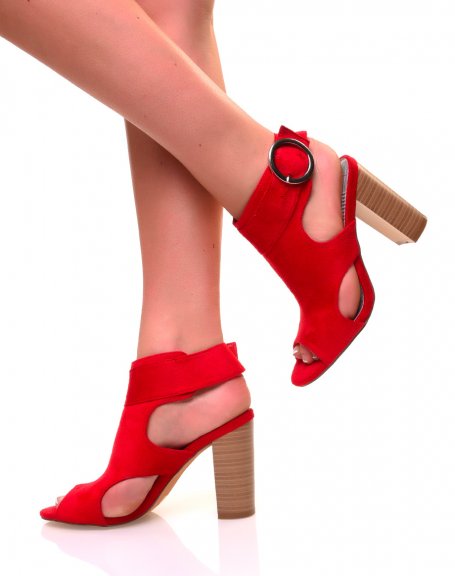 Red openwork sandals with suedette heels