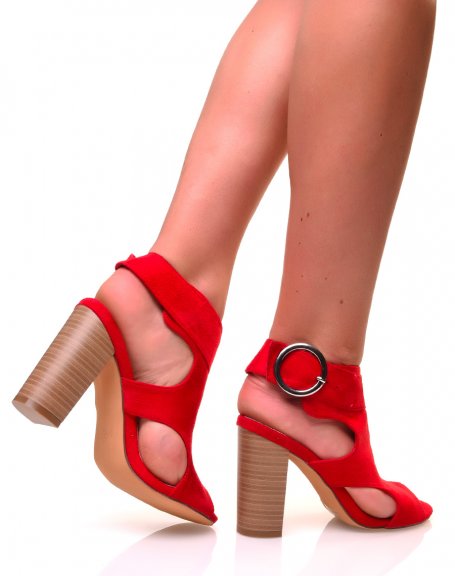 Red openwork sandals with suedette heels