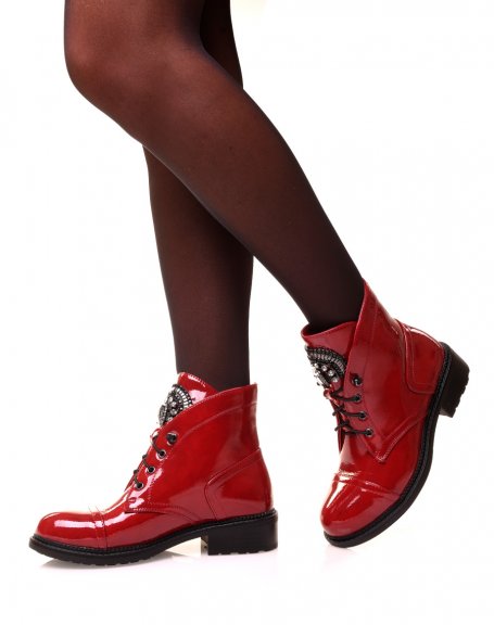 Red patent ankle boots with rhinestones