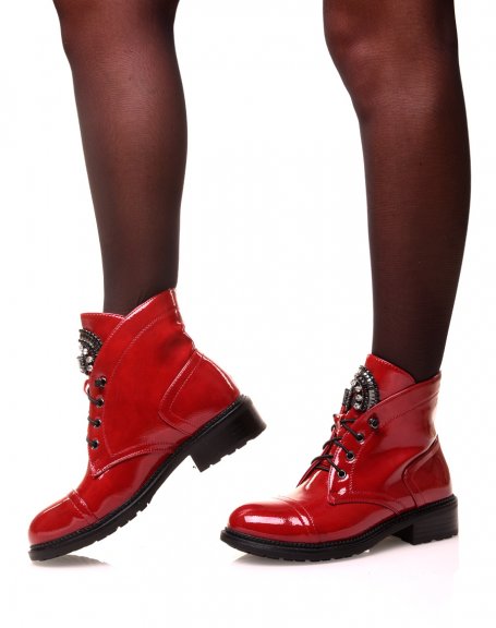 Red patent ankle boots with rhinestones