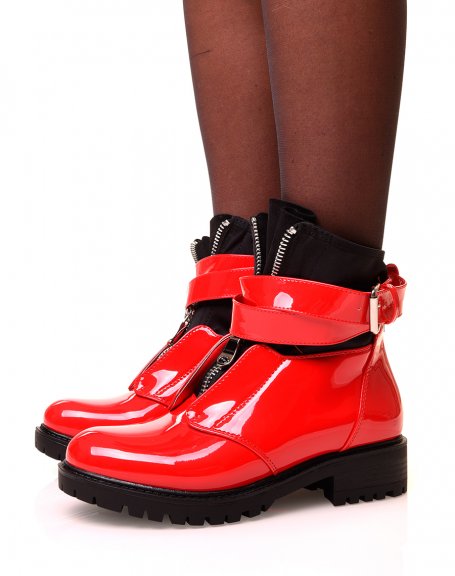 Red patent ankle boots with sock-effect zip