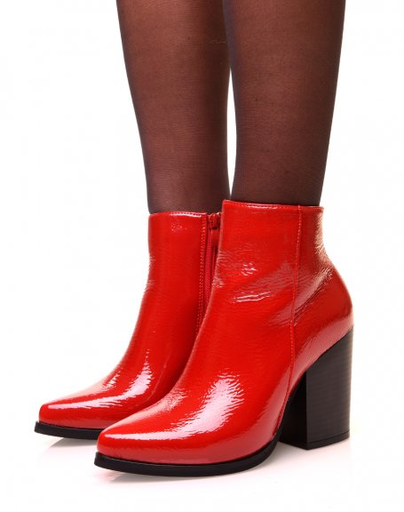 Red patent ankle boots with square heels